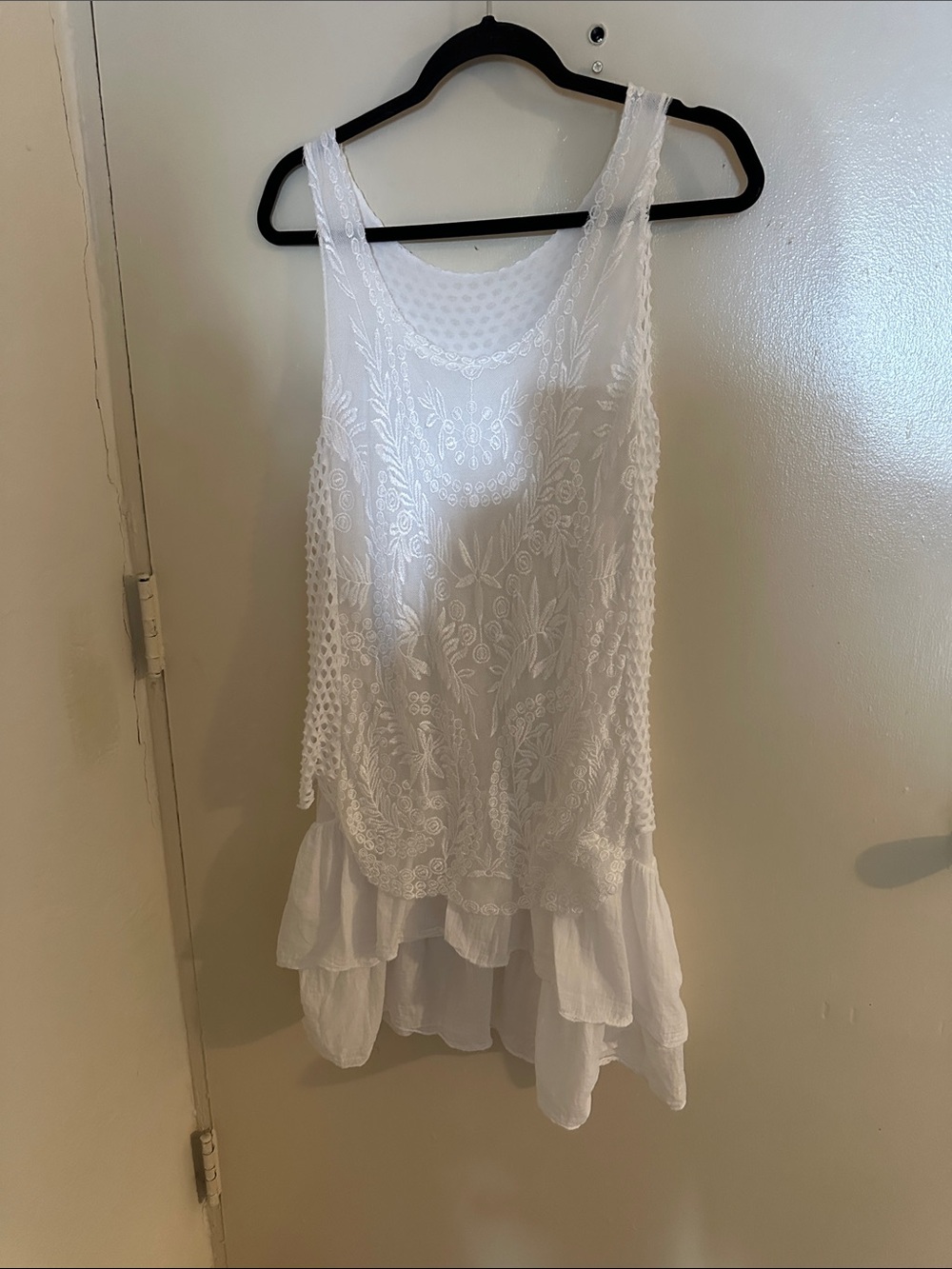 The Made in Italy White Lace Tank Style Embroidered Floral Ruffle Dress